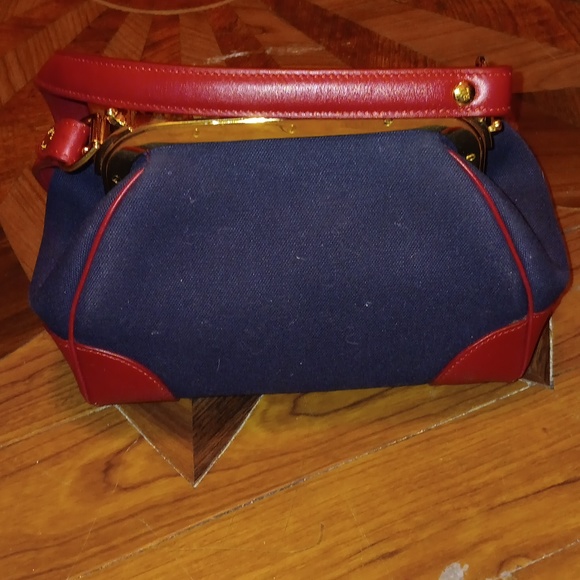 NWOT RALPH LAUREN RED LEATHER/NAVY FABRIC HANDBAG - Picture 3 of 10